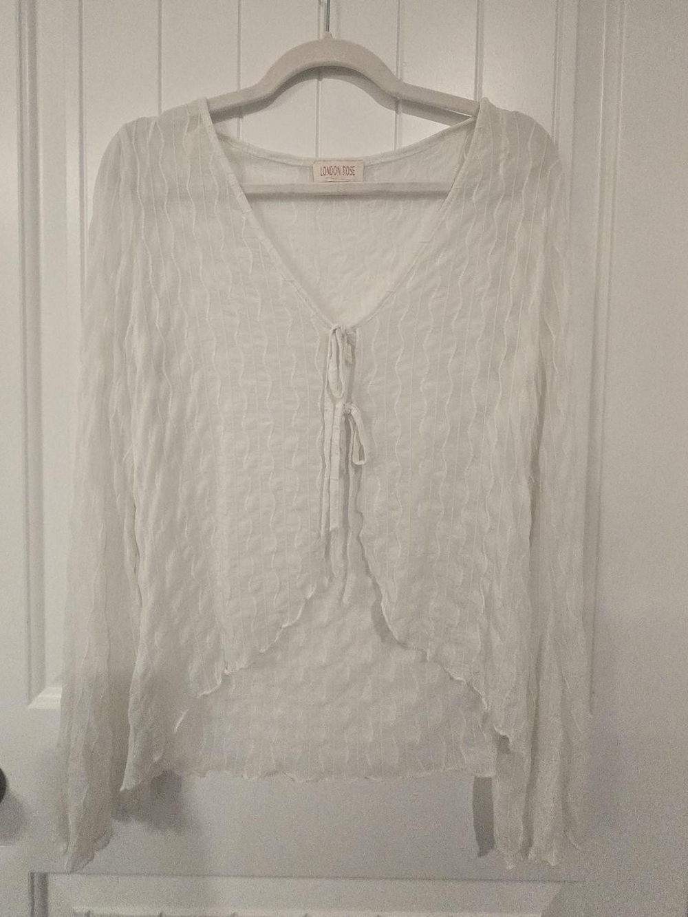 London Rose Sheer Tie-Front Long Sleeve Top - White